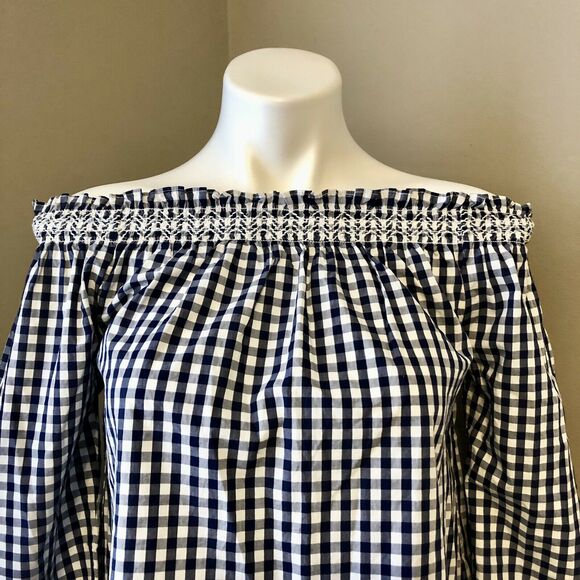 Madewell Gingham Blouse XXS Off Shoulder Navy Blue And White Checked Loose Fit - Picture 2 of 11